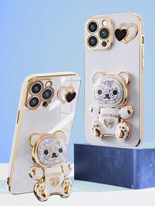 Rainbow Candy Bear Electroplated Heart Phone Case, Electroplated Anti-Drop Phone Case + Electroplated Hidden Stand + Full Phone Case Set, Compatible With IPhone 17 16E 15 14 13 12 11 X XS Max XR Pro Plus, Galaxy, Honor, OPPO, Redmi, Infinix Smart8 9 - White - View 5