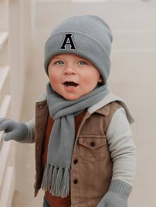 3pcs/Set 1-3 Years Old Baby 26 Letter Print Knitted Hat & Fingerless Gloves & Tassel Scarf Warm Set, Fashion Versatile Cold-Proof Outfit, Suitable For Baby Boys And Girls Outdoor Use In Autumn/Winter, Great As Gift - Grey - View 2