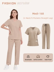 V领速干医用工作服套装，新款设计 | 弹力轻盈 | 适合医院、诊所及日常穿着 | 多口袋设计 - 杏色 - 查看 6