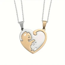 2pcs Stainless Steel Cute Cat Pendant Necklace Splicing Women's Girl Fashion Couple Necklace Friend Jewelry Gift - 金銀 - 查看 6