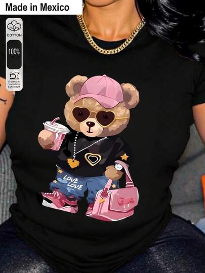 Talla grande1 Pieza Camiseta de Mujer con Estampado, Estilo Realista de Moda, Camiseta Negra con Detalle de Lazo Rosa en la Espalda, 1 PC Camiseta de Cuello Redondo para Mujeres, 180g 100% Algodón Puro, Fresca y Cómoda para la Vida Casual, Deporte, Gimnasio, Viaje, Regalo, Vacaciones de Verano, Día de la Independencia de México