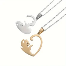 2pcs Stainless Steel Cute Cat Pendant Necklace Splicing Women's Girl Fashion Couple Necklace Friend Jewelry Gift - 金銀 - 查看 5
