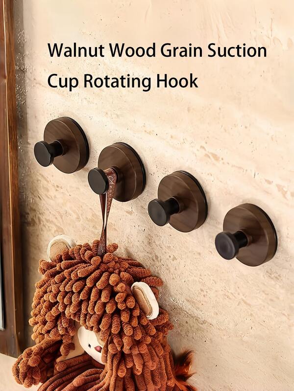 Walnut Grain Suction Cup Rotary Hook, Rotating Wall Mount Storage Rack For Kitchen, Drill-Free Organizer Hanger