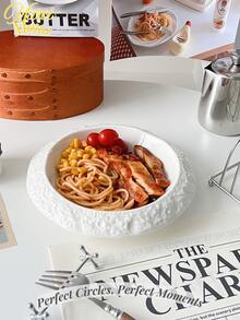 <完美的圆圈，完美的时刻>，1pc岩石纹理陶瓷沙拉盘深盘创意酒店餐厅餐具高档白盘子汤盘黑色岩石纹餐盘适用于酒店餐厅创意餐具送礼家用早餐沙拉盘 - 白色 - 查看 2