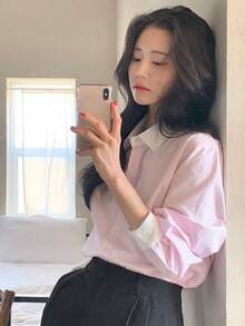 Corea del Sur chic primavera nicho temperamento colisión color solapa suelta casual versátil de manga larga camisa a rayas blusa femenina - Rosa - Ver 3