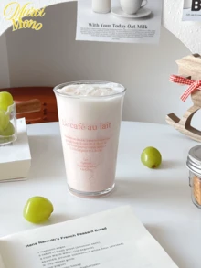 <Refresh Your Day, Glass By Glass>, 1pc Pink Glass Cup With Letter Print, Suitable For Coffee, Milk, Juice