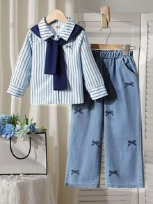 女生韩版时尚穿搭：时尚条纹衬衫+可爱蝴蝶结刺绣牛仔裤+活力披肩