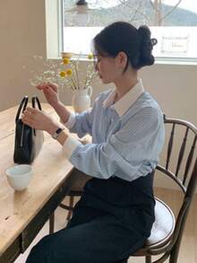 Corea del Sur chic primavera nicho temperamento colisión color solapa suelta casual versátil de manga larga camisa a rayas blusa femenina - Azul - Ver 4