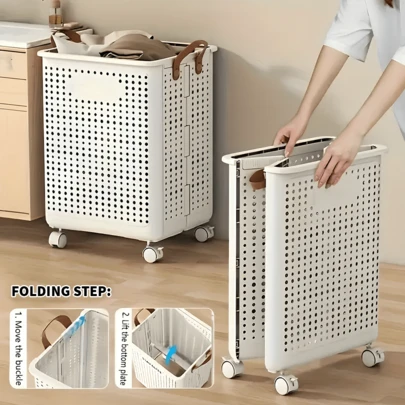 Lislark Plastic Laundry Basket On Wheels, Collapsible Laundry Hamper Storage Foldable Rolling Washing Bin For Corner Dirty Clothes Baskets With Handles For Bathroom Bedroom , Breathable Hollow Design, Narrow And Tall Foldable Laundry Basket, Space-Saving, Beige White