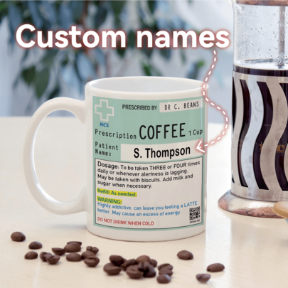 1 pièce Tasse à café de 325 ml (11 oz) avec prescription drôle de médecin - Tasse en céramique personnalisée avec nom personnalisé, décoration médicale - Cadeau d'anniversaire, de Noël, pour infirmière et médecin, patient - Décoration de bureau amusante, cadeau de fête, design humoristique, contenant à boisson réutilisable, spécial pour les travailleurs de la santé, lavage à la main uniquement, parfait pour Thanksgiving