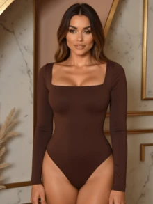 Kit 2 Women's Bodysuit Square Neckline Long Sleeve Suplex Lined Premium Elegant - Nâu be - Xem 2