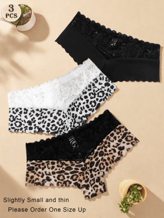 3pcs Women Sexy Lace Mid-Waist Leopard Print Comfortable Breathable Panties, Please Order One Size Up If Needed