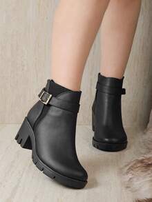 Botines para mujer de piel sintética, punta redonda, correa con hebilla metálica, plataforma gruesa y tacón ancho, estilo británico para oficina y uso casual - Negro - Ver 3