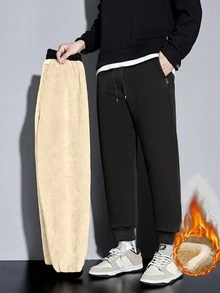 Men's Casual Loose Fit Thermal Lined Drawstring Waist Pants, Simple And Fashionable Style Suitable For Daily Wear And Sports, Made Of Soft And Stretchy Knit Fabric, An Excellent Gift For Boyfriend, Husband Or Family Member, Embodying Minimalist Chic Aesthetics. - Black - View 7