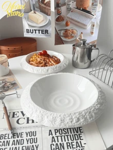 <完美的圆圈，完美的时刻>，1pc岩石纹理陶瓷沙拉盘深盘创意酒店餐厅餐具高档白盘子汤盘黑色岩石纹餐盘适用于酒店餐厅创意餐具送礼家用早餐沙拉盘 - 白色 - 查看 8