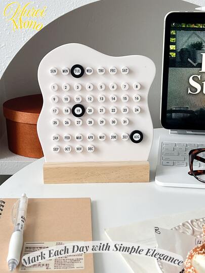 <用简约优雅标记每一天>，1 件现代简约波浪线设计迷你台历，木质底座装饰，办公桌配件，节日装饰