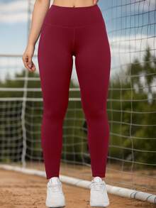 Women's Solid Color Yoga Leggings With Pockets, Tummy Control, Squat Proof, Stretchy Workout Pants Spring Sports - Burgundy - View 7