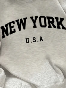 Sudadera con capucha gruesa para mujer de talla grande con estampado de letras de New York, de estilo casual y sencillo, adecuada para otoño/invierno - Gris - Ver 2
