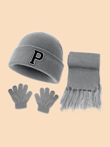 3pcs/Set 1-3 Years Old Baby 26 Letter Print Knitted Hat & Fingerless Gloves & Tassel Scarf Warm Set, Fashion Versatile Cold-Proof Outfit, Suitable For Baby Boys And Girls Outdoor Use In Autumn/Winter, Great As Gift - Grey - View 9