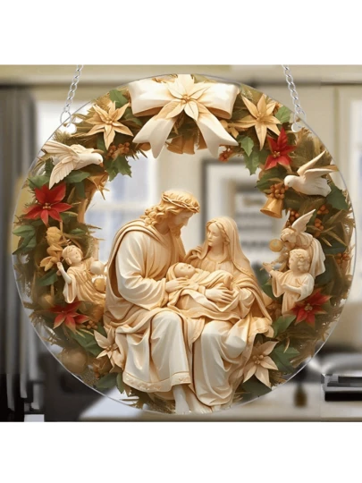 1 件经典圣家庭耶稣降生场景 2D 平面亚克力圆盘吊坠，防水透明圆形圣诞装饰带保护膜，适用于家庭和花园装饰，否则，门窗装饰艺术吊坠，圣诞装饰多色装饰吊坠