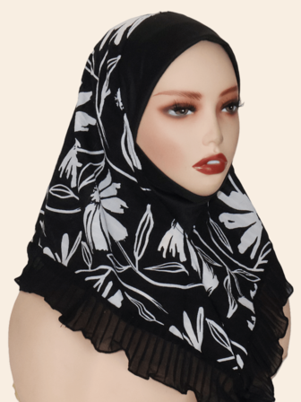 1 件女士花卉和波尔卡圆点印花头巾，柔软雪纺拼接穆斯林头巾，优雅头巾带荷叶边下摆，适合所有季节