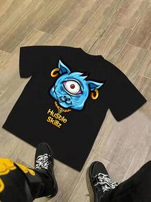 Men's DoubleSided Tee With OneEyed Blue Cartoon Cat Design And Hu$Tle $Killz Text, Graphic TShirt,Casual Style