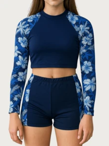 Teens' Raglan Sleeve Tropical Plant Print Crop Top And Shorts Set 65-A - Màu xanh với nền màu xanh - Xem 8