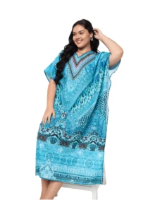 Gypsie Blu Women Kaftan Dress Plus Size Beach Coverup Loungewear Nightdress Summer Night Gown Maxi Length Caftan - 薄荷藍 - 查看 4
