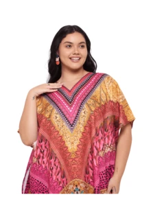 Gypsie Blu Plus Size Kaftan Dress For Women Loungewear Nightdress Summer Night Gown Maxi Length Caftan - 黃色和粉紅色 - 查看 4