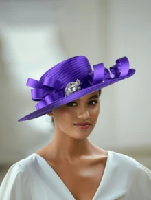Box Packaging Elegant Women's Church Hat With Wide Brim Satin Decoration. A Must-Have For Easter, Mother's Day, Wedding Guests And Special Occasions. - 紫色 - 查看 1