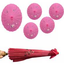 Sombrilla de bambú colorida para decoración de bodas, set de 5 sombrillas chinas de tela, ideal para bodas, fiestas y decoración temática, accesorio elegante, colores vibrantes, ambientes orientales y eventos especiales - Rosa Roja - Ver 5
