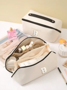 1pc High Quality PU Cosmetic Bag Travel Bag With Letters Cosmetic Storage Bag, Large Capacity Women's Handbag, Portable Travel Storage Bag, Multifunctional Waterproof Bag, Cosmetic Storage Bag, Travel Accessories, Travel Essentials, Cruise Essentials, Jewelry Storage, Lip Oil Storage, Nail Polish Storage, Valentine's Day Gifts, Bridesmaid Gifts, Birthday Gifts, Friends And Teacher Gifts, Holiday Gifts, Mother's Gifts, Women's Gifts