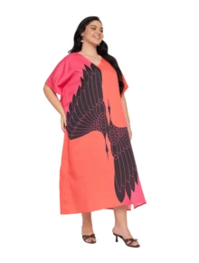 Gypsie Blu Bird Wing Plus Size Elegant Long Kaftan  Moo Moos Beach Cover Up Caftan Dress - 橘色和粉紅色 - 查看 2