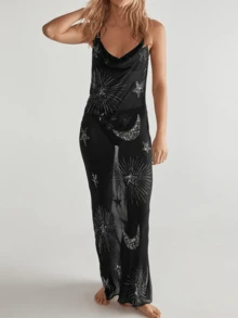 Sequin Long Dress For Women Summer Moon And Star Pattern Backless Spaghetti Strap Deep V Neck Sleeveless Dress - màu đen - Xem 2