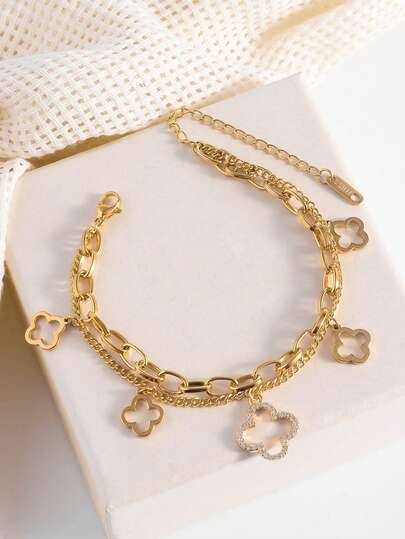 1 pieza Elegante brazalete/pulsera de acero inoxidable de alta calidad, encantador y asequible, con trébol de cuatro hojas hueco totalmente empedrado, regalo de joyería para mujeres, adecuado para uso diario, fiestas, compras, citas