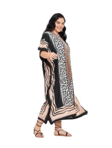 Gypsie Blu Animal Kaftan Dress Plus Size Beach Cover Up Vacation Elegant Caftan For Ladies - 米色 & 黑色 - 查看 2