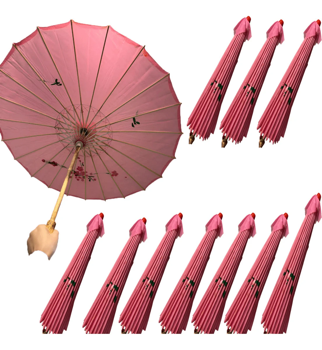 Sombrilla de bambú colorida para decoración de bodas, set de 10 sombrillas chinas de tela, accesorio decorativo para boda, fiesta o eventos, ambientación temática oriental, ideal para centros de mesa y fotografía - Rosa - Ver 1