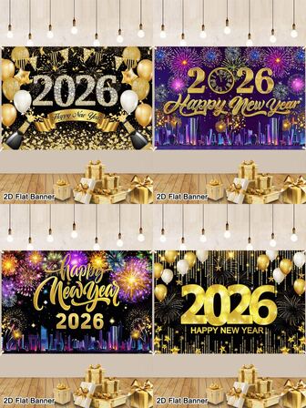 120x80CM Elegant Happy New Year Backdrop 2026 Shining Fireworks Golden Balloons Wine Bottle Pattern Polyester New Year Party Banner For Photography Festival Background Cloth Sparkling Happy New Year 2026 Decorations Sign Poster 2D Flat Wall Home Decor