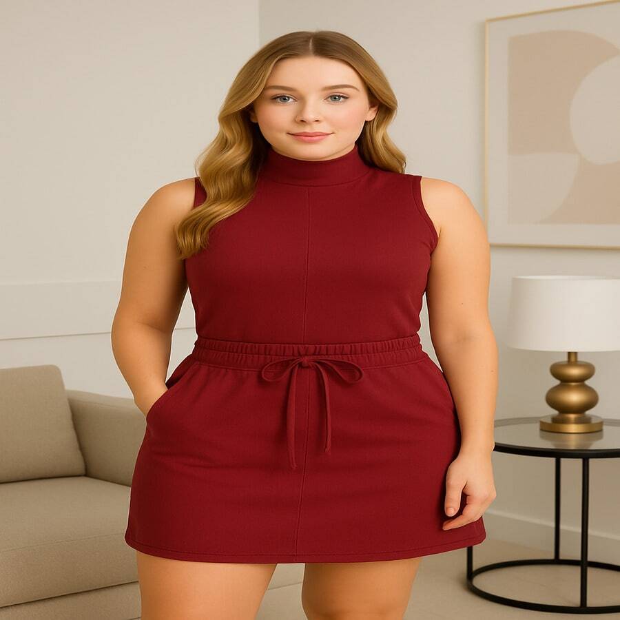 Stylish EVA Set – High Waist Skirt + Top With Optional Knot | Sizes S To G1 - Burgundy - View 1