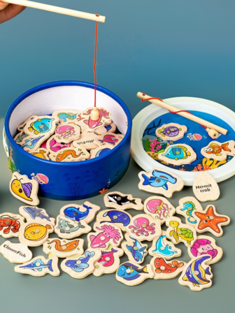 Juguete de pesca de madera para niños, rompecabezas magnético de pesca, juego interactivo divertido que desarrolla las habilidades motoras finas y la resistencia de los niños, adecuado para niños y niñas mayores de 3 años
