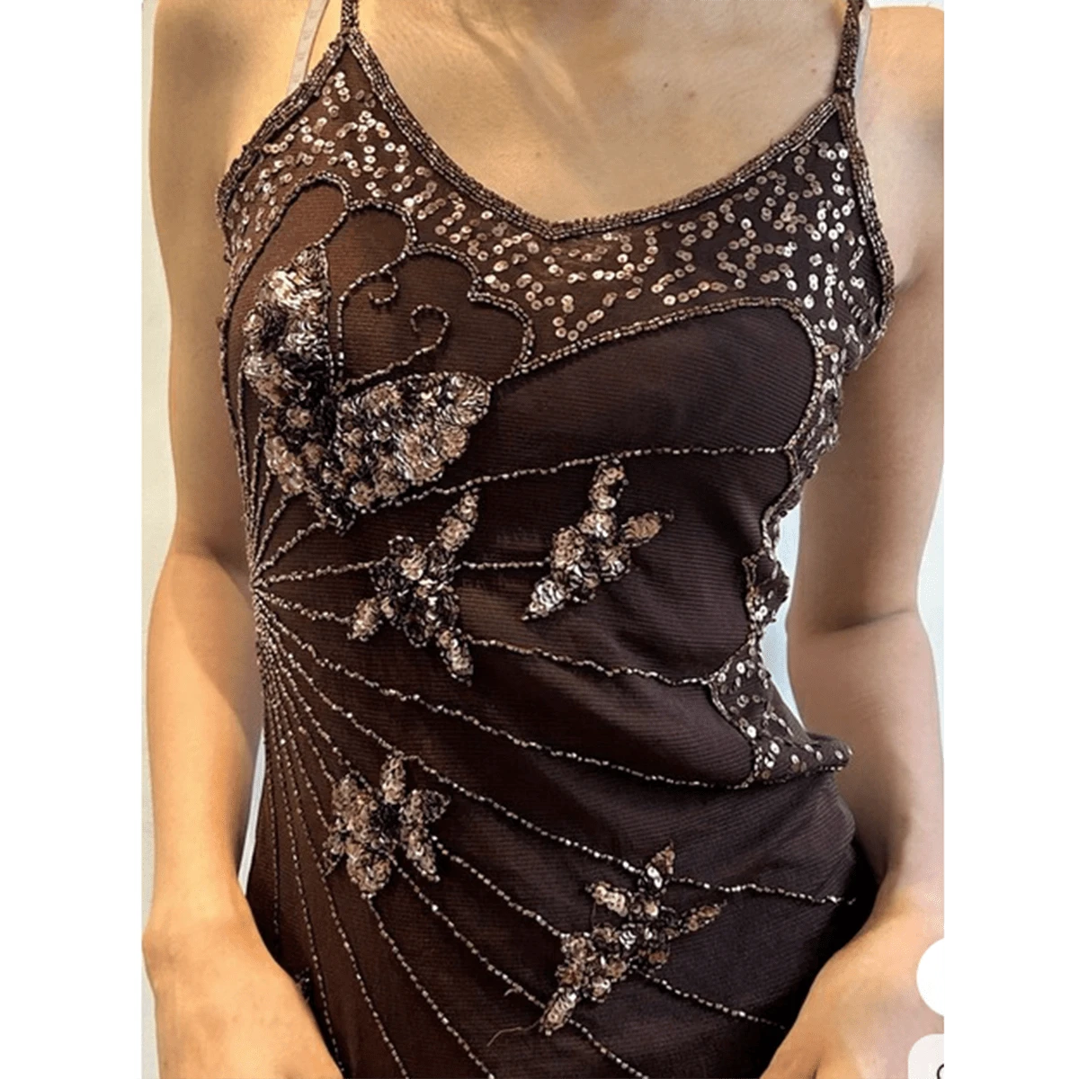 Mermaid Girl Fantasy Irregular Sequin Mesh Suspender Vest Sexy Hot Girl Top 2025 Summer Women's Design Sense - 深棕色 - 查看 1