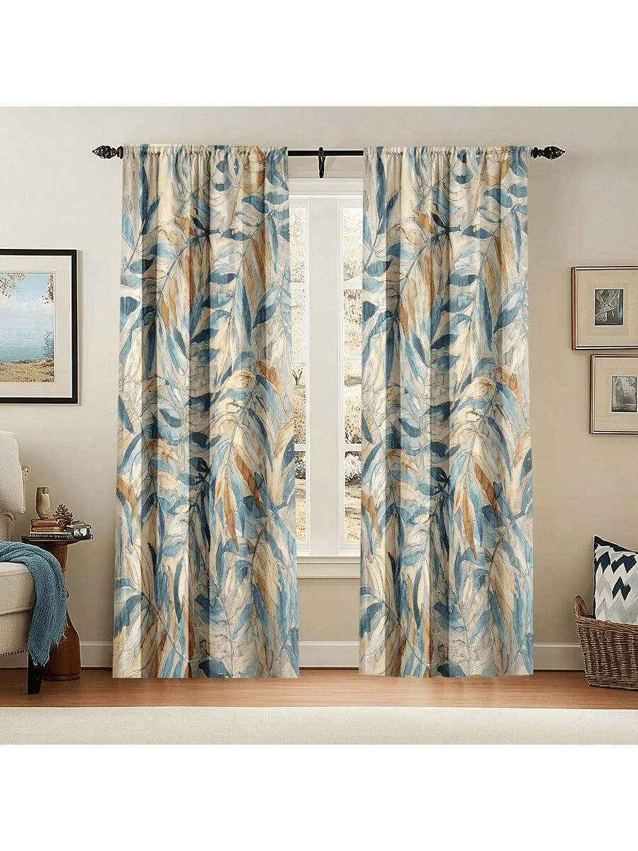 2 tấm rèm họa tiết lá nghệ thuật, thiết kế trang nhã, chất liệu polyester mỏng nhẹ, phù hợp với cửa sổ nhà, kiểu treo thanh rèm, thích hợp trang trí phòng khách và phòng ngủ. - Nhiều màu - Xem 1