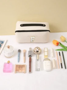 1pc High Quality PU Cosmetic Bag Travel Bag With Letters Cosmetic Storage Bag, Large Capacity Women's Handbag, Portable Travel Storage Bag, Multifunctional Waterproof Bag, Cosmetic Storage Bag, Travel Accessories, Travel Essentials, Cruise Essentials, Jewelry Storage, Lip Oil Storage, Nail Polish Storage, Valentine's Day Gifts, Bridesmaid Gifts, Birthday Gifts, Friends And Teacher Gifts, Holiday Gifts, Mother's Gifts, Women's Gifts