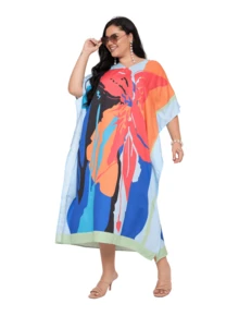 Gypsie Blu Abstract Plus Size Women Kaftan Dress Long Caftan Maxi Dress Beach Coverup Outfit - 橙色和藍色 - 查看 7