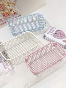 Cesta de almacenamiento de metal de color crema estética, organizador de escritorio con estilo y asa para escritorio de oficina, tocador, soporte para maquillaje y accesorios, decoración del hogar minimalista