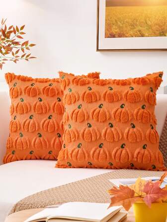 1 pezzo Federa per cuscino decorativo autunnale a forma di zucca - arancione con gambo verde - stile tradizionale - adatto per soggiorno, camera da letto, divano - lavare a mano - motivo geometrico - chiusura con cerniera - adatto per vari ambienti - tessuto intrecciato - rivestimento in poliestere