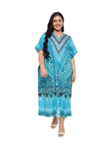 Gypsie Blu Women Kaftan Dress Plus Size Beach Coverup Loungewear Nightdress Summer Night Gown Maxi Length Caftan - 薄荷藍 - 查看 1