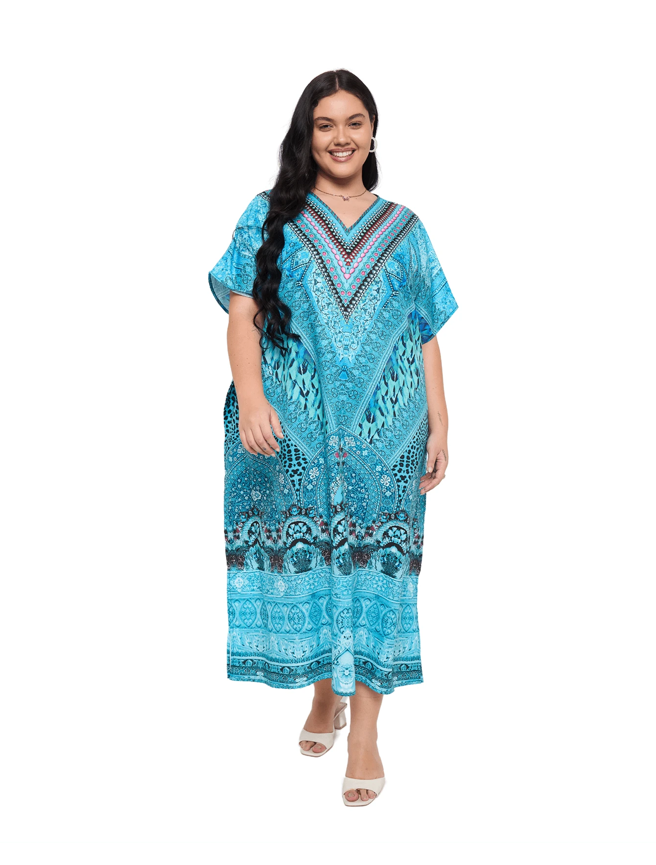 Gypsie Blu Women Kaftan Dress Plus Size Beach Coverup Loungewear Nightdress Summer Night Gown Maxi Length Caftan - 薄荷藍 - 查看 1
