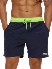 Corkhanj Ordain Men's Quick-Drying Breathable Board Shorts - Lightweight Lace-Up Shorts With Side Pockets - Medium Stretch Beach Shorts - Suitable For Swimming, Fitness, Vacations, And Surfing - Black/Navy/Green/Gray - Men's Fitness Wear Board Shorts - Solid Color Design With Adjustable Fit For Watersports And Casual Style - Comes With Lining And Elastic Drawstring Design - Machine Washable - Màu xanh hải quân - Xem 2
