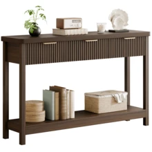 GIKPAL Fluted Console Table, 51" Narrow Entryway Table With 3 Drawers, Console Table Sofa Table With Storage Open Shelf, Modern Display Shelf For Hallway Living Room, Walnut - Quả óc chó - Xem 2